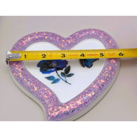 Purple Glitter Heart-Shaped Trinket Dish Blue Rose & Butterfly Design - Picture 7 of 8